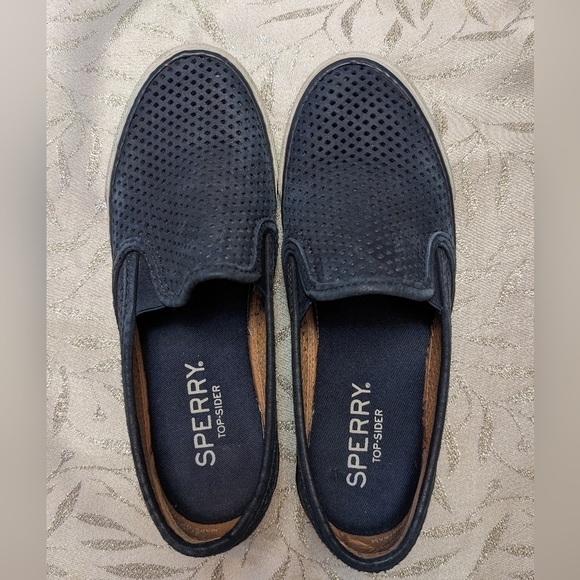 SPERRY SLIDES Dusty Blue Leather Slip On Sneakers Wm Sz 5 - Picture 1 of 11